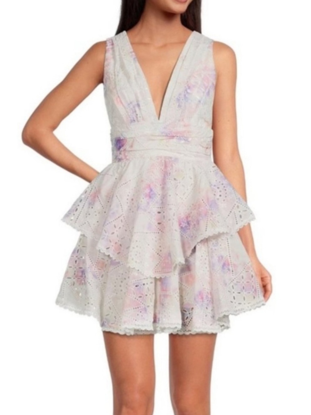 Gianni Bini Christa Sleeveless Pastel Eyelet Tiered Mini Dress - White/Pastel
